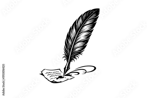 A black and white vector illustration of a quill pen with a feather