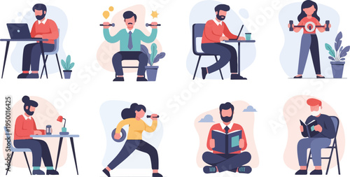 Diverse people engaged in various activities like working, exercising, and reading