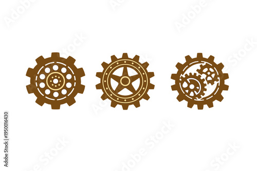 A set of three stylized steampunk gear icons in a brown color
