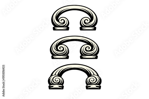 A set of three vintage-style decorative arch elements with scroll