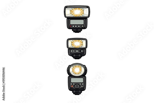Three different external camera flash units shown as vector icons