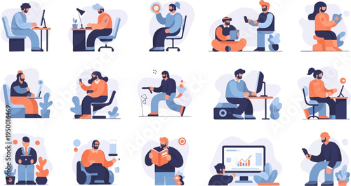 Diverse people engaged in various activities like working on computers, reading, and using phones