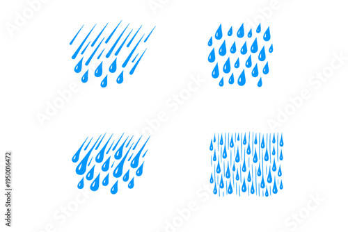 Collection of four blue rain drop icons and patterns in different