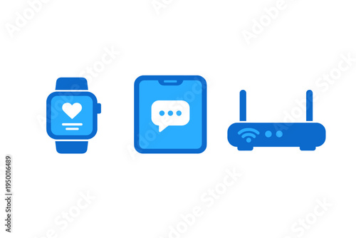 A set of three blue flat vector icons featuring a smartwatch with a
