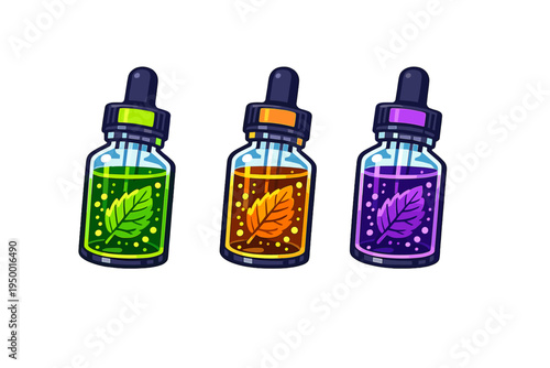 A set of three vector illustrations of dropper bottles containing
