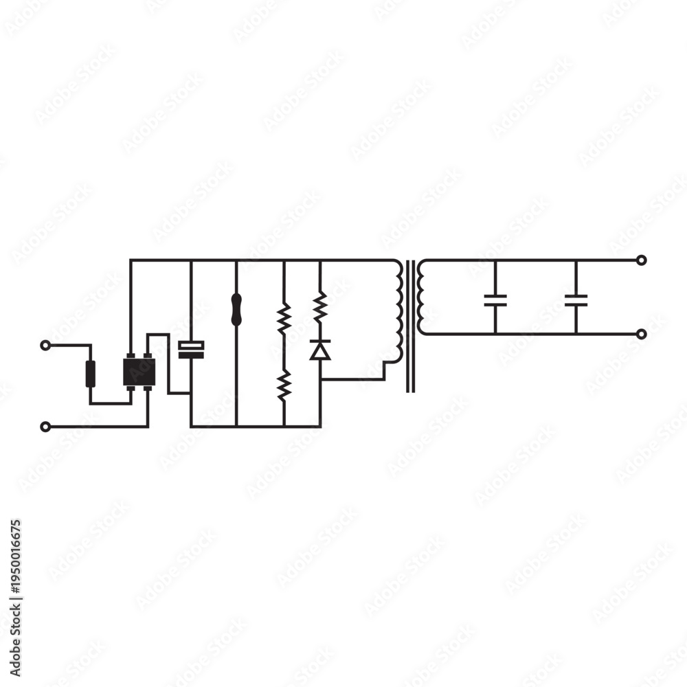 Fototapeta premium A simple electronic circuit diagram with basic components, isolated on a white background.