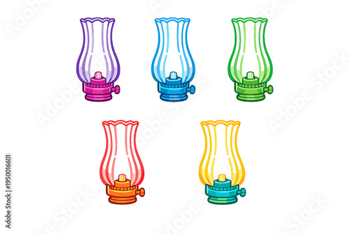 A set of five colorful vector oil lamps or kerosene lanterns isolated