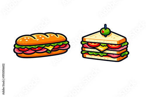 A vector illustration featuring two delicious cartoon sandwiches