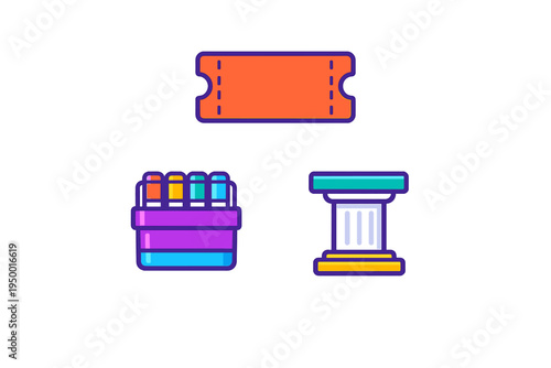 A collection of three flat vector icons featuring an orange ticket, a