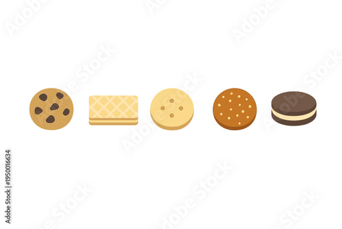 A collection of five different cookie and biscuit icons in a flat
