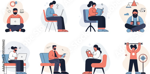 Diverse people engaged in various activities like working, reading, and exercising (1)