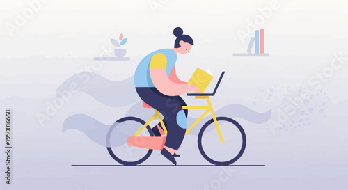 Flat design illustration of person on bicycle using laptop and book