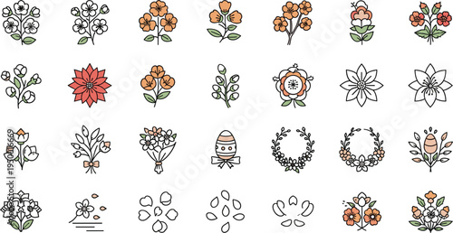 Cute floral doodle elements collection with flowers wreath petals leaves botanical hand drawn vector illustration set