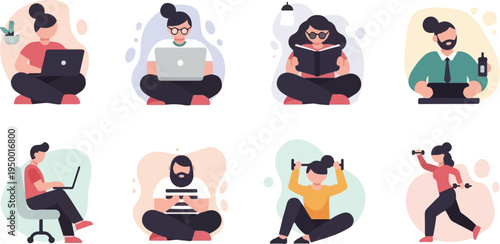 Diverse people engaged in various activities like working, reading, and exercising (9)