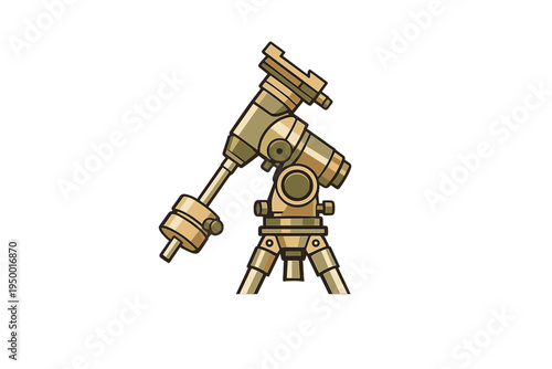 This vector graphic features a detailed equatorial telescope mount on