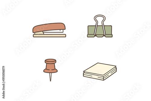 A collection of four office supply icons including a stapler, binder