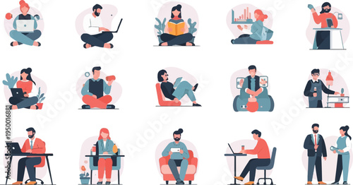 Diverse people engaged in various activities like working, reading, and interacting