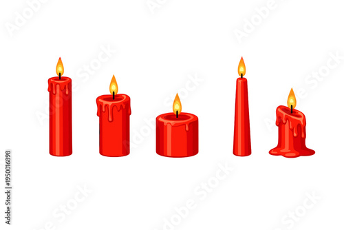 Vector illustration featuring five red burning candles of various