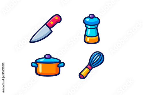 A collection of four colorful kitchen utensil icons including a