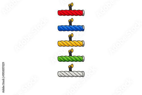 A set of five colorful horizontal candles or fuses with twisted