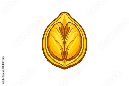 A stylized vector illustration of a golden walnut or seed kernel