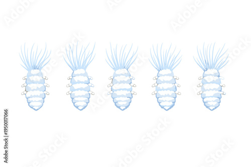 A row of five stylized blue and white segmented insect-like creatures