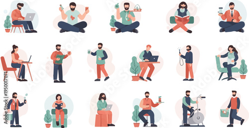 Diverse people engaged in various activities like working, relaxing, and exercising