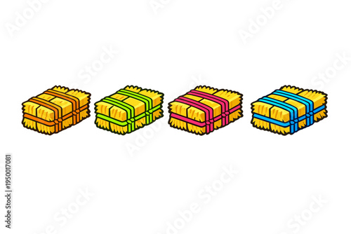 A set of four cartoon hay bales isolated on a white background