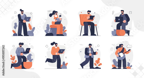 Diverse people engaged in various activities, showcasing laptops and musical instruments