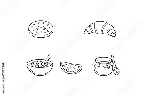 A collection of minimalist breakfast food icons in black and white
