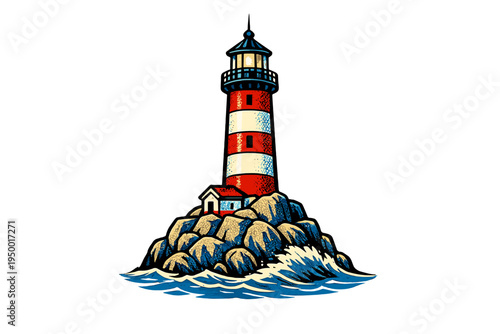 A vector illustration of a red and white striped lighthouse standing