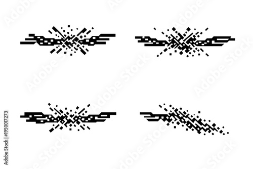 A set of four abstract black and white graphic elements featuring a