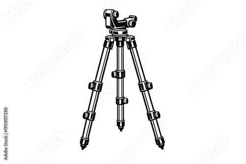 A black and white vector illustration of a professional camera tripod
