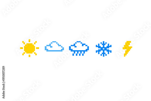 A set of five pixel art weather icons featuring a sun, cloud, rain