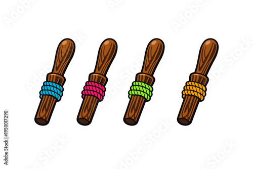 Vector illustration of four primitive wooden sticks or clubs, each