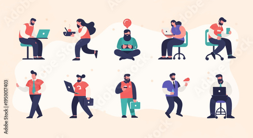 Diverse people engaged in various activities using technology and everyday items