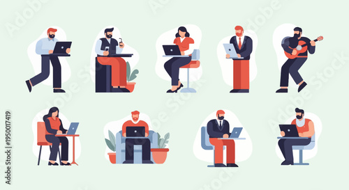 Diverse people engaged in various activities using laptops and phones