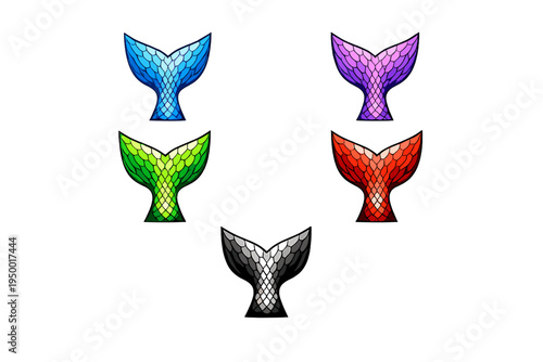 A set of five stylized mermaid or fish tail icons in various colors