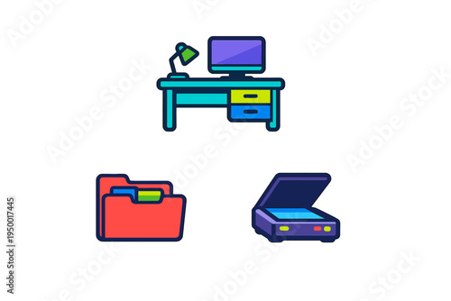 A collection of flat vector icons representing office equipment