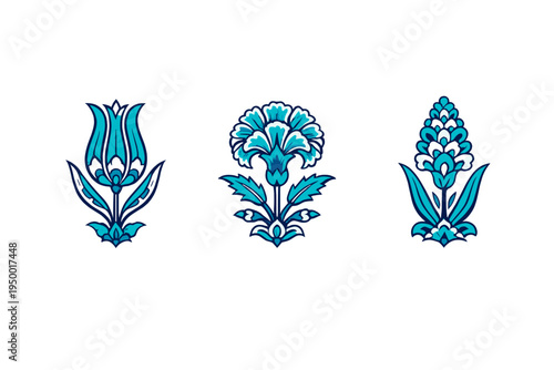 A set of three traditional Ottoman floral motifs featuring a tulip