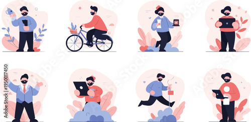 Diverse people engaged in various activities with digital devices and everyday items