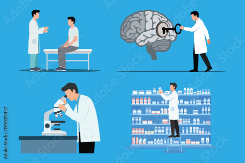 Medical and Science Flat Vector Set, Doctor Consultation, Brain Psychology and Pharmacy Illustration