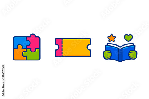 A set of three colorful flat icons featuring a four-piece puzzle, a