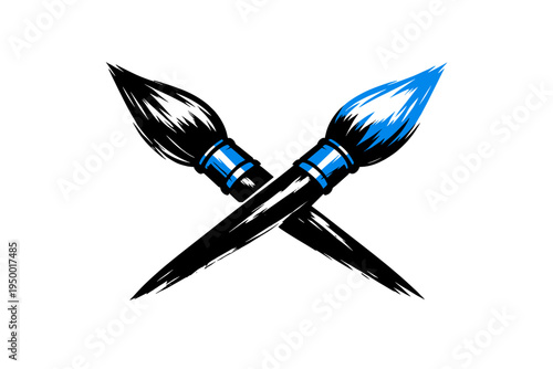 A vector illustration of two crossed paintbrushes with blue and black