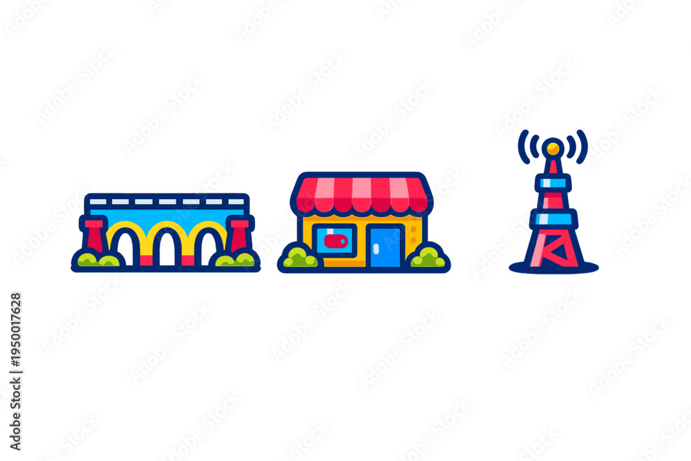 Naklejka premium A set of three colorful vector icons featuring a stone bridge, a