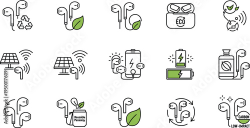 Eco friendly wireless earbuds technology icon set with recycling solar battery sustainable vector illustration