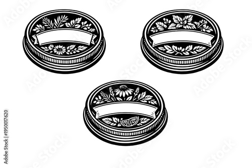 Three black and white circular jar lid designs with hand-drawn floral