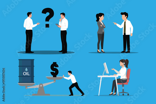 Business Finance Concept Vector Set, Oil Price Balance, Customer Support and Office Conflict Illustration