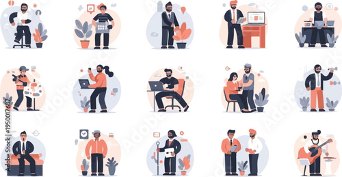 Diverse people engaged in various activities, work, and leisure scenes