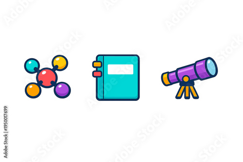 A set of three colorful science icons featuring a molecular